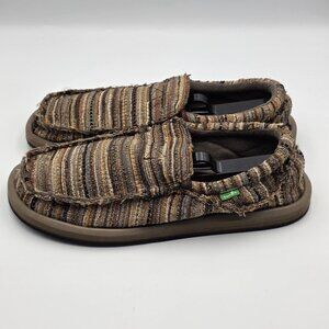 Sanuk Shoes Mens Size 10 Brown Tan Striped Casual Slip On Loafers Comfy Canvas